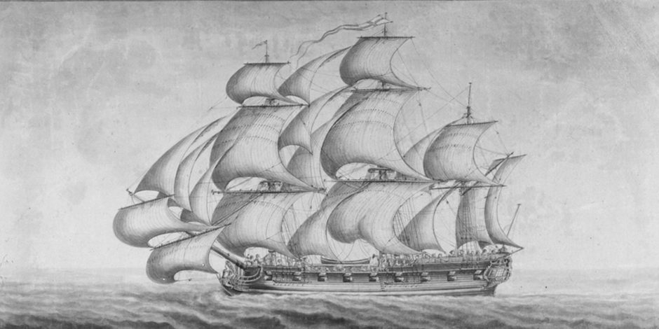 black and white illustration of a ship with sails