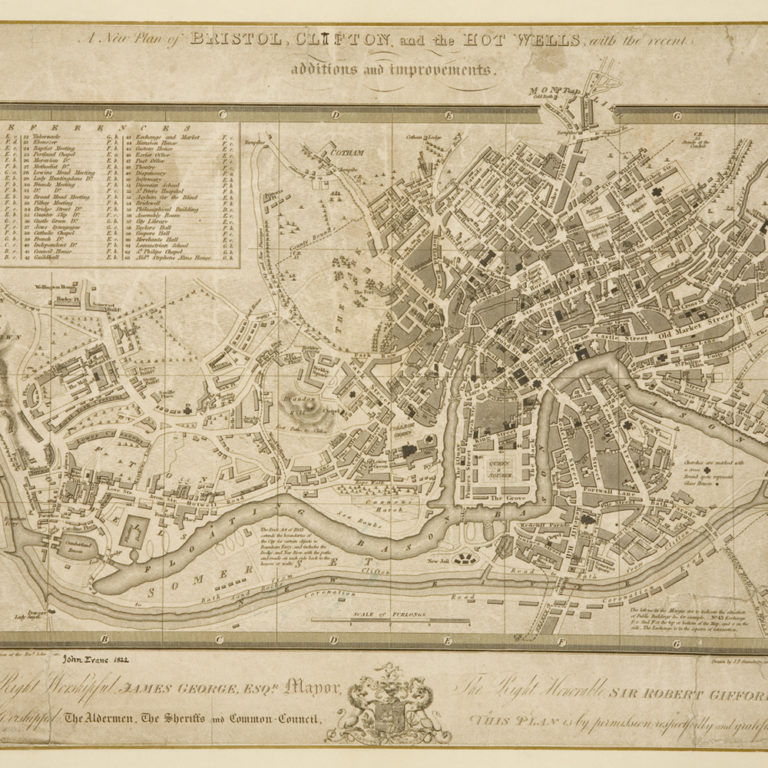 An old map called 'A NEW PLAN OF BRISTOL, CLIFTON AND THE HOTWELLS'