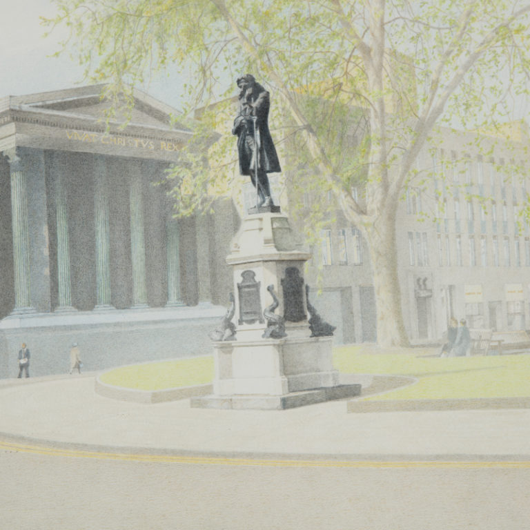 watercolour painting of the colston statue in central bristol, with a tree and grand georgian building behind