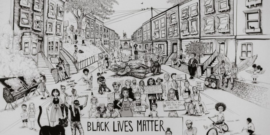 black and white illustration of a street with people stood in it and a black lives matter banner in the foreground