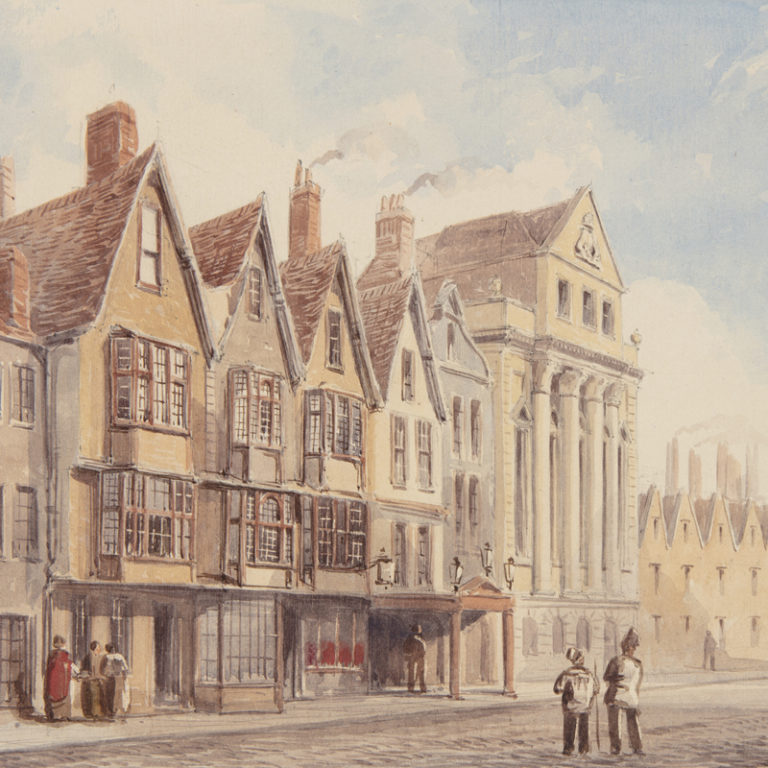watercolour painting of king street, showing the theatre royal and coopers hall. there are people standing in front looking at the buildings